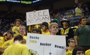 Oregon Pit Crew student fans support Arsalan Kazemi on the night of his debut as a Duck. (Photo by Rockne Andrew Roll)