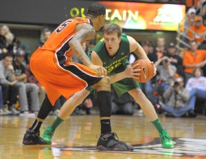 Oregon forward E.J. Singler seems to be back on track after a slow start to 2012-13. The senior had 15 points and nine rebounds, the second-highest total in each stat this season. (Photo by Rockne Andrew Roll.)