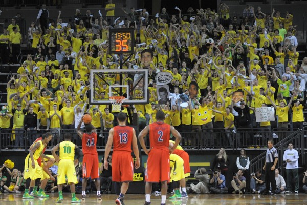The Pit Crew, Oregon's student section, stretched to the rafters and were a big factor in the upset win. (Photo by Rockne Andrew Roll) 