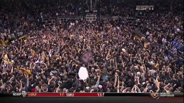 This was the scene in Boulder following Colorado's upset win over Kansas. (Screengrab via ESPN/The Big Lead)