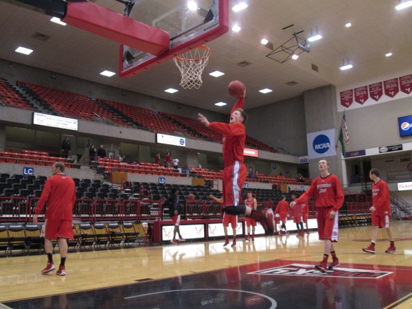 A Southern Utah player goes up for a slam dunk early in pregame warmups against Eastern Washington in Cheney, Wash. (Kenny Ocker/Rush The Court)
