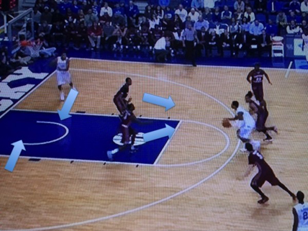 The defenders step up creating a huge gap at the baseline for two Kentucky players to step into. 