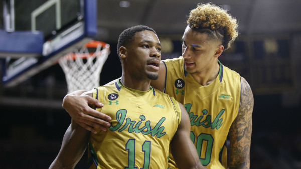 Demetrius Jackson and Zach Auguste celebrate Notre Dame's upset win over North Carolina. (Getty Images)