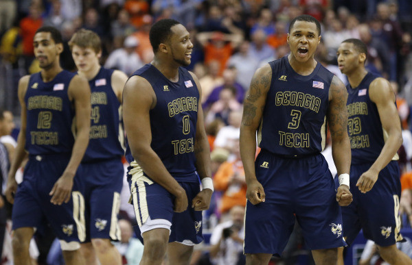 Marcus Georges-Hunt celebrates with forward Charles Mitchell after forcing overtime against the Clemson Tigers. (Geoff Burke-USA TODAY Sports)