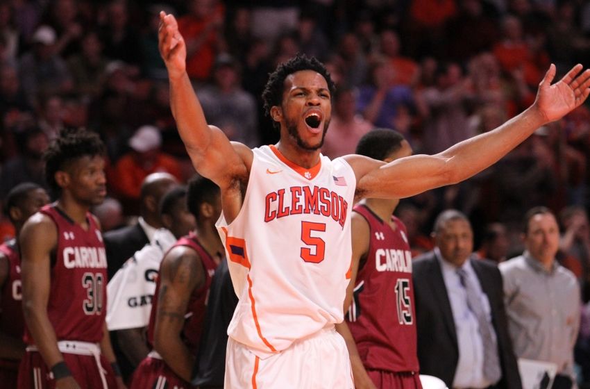 Dec 18, 2015; Greenville, SC, USA; Clemson Tigers forward Jaron Blossomgame (5) celebrates during a timeout in the second half against the South Carolina Gamecocks at Bon Secours Wellness Arena. The Gamecocks won 65-59. Mandatory Credit: Dawson Powers-USA TODAY Sports